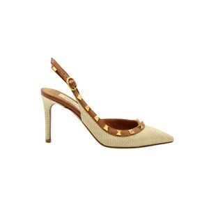 Valentino Garavani Rockstud Leather Trimmed Slingback Heels in Beige Raffia